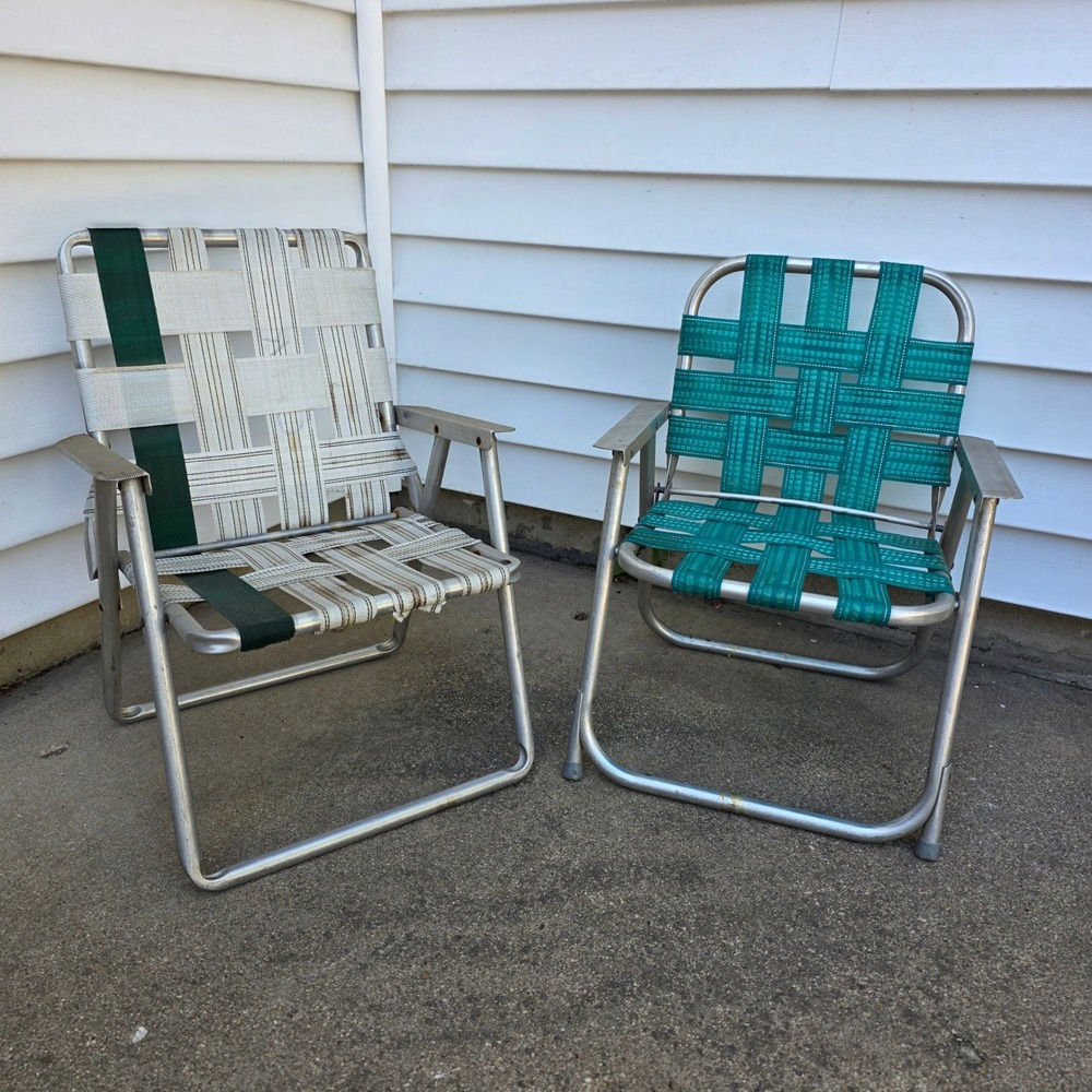 Vintage Childs Aluminum Webbed Folding Lawn Chairs Set of 2 Teal White Green